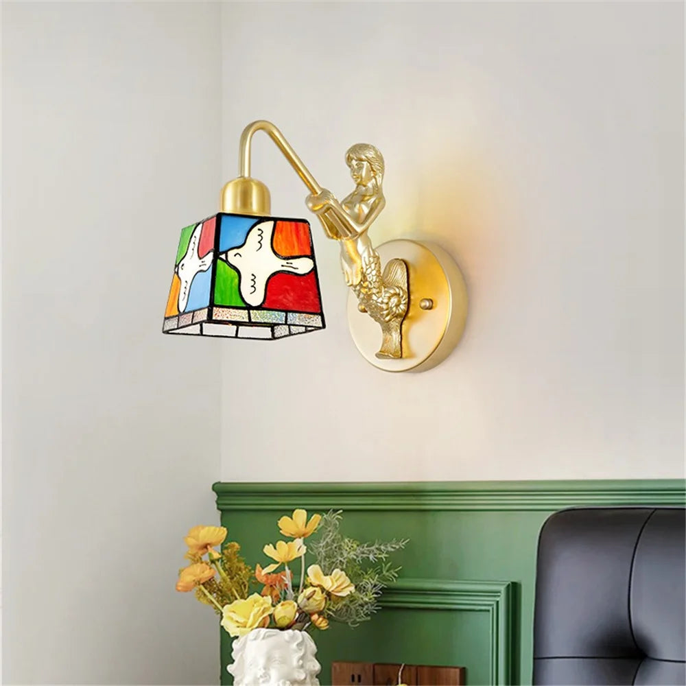 French Tiffany Stained Glass Bird Metal Gold Led Wall Lamp Living Room Bedroom Stairs Aisle Decoration Sconces Home Night Light
