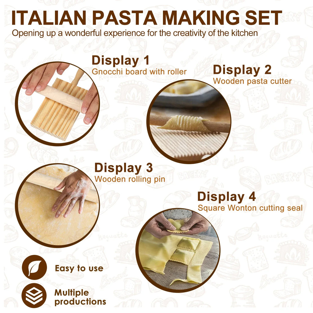 11Pcs Pasta Making Tools Kit Efficient Pasta Making Set w/ Wooden Threaded Rolling Pin Gnocchi Board Dough Cutter Dumpling Maker