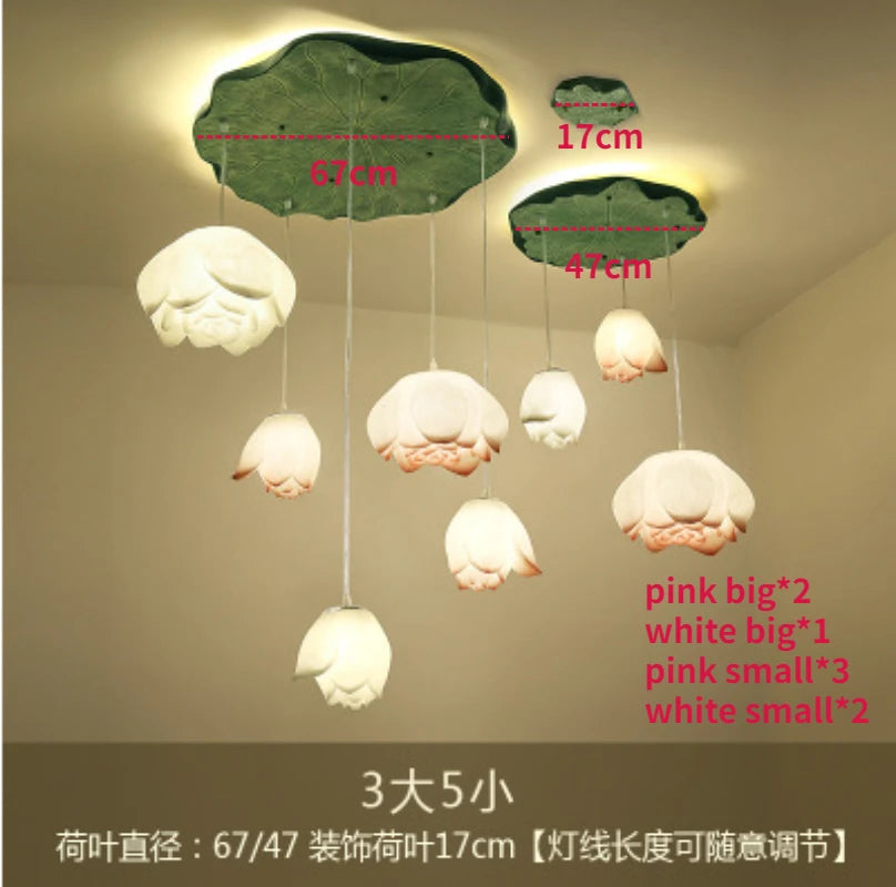 New Chinese Lotus Lamp Pendant Lamp Pink Lotus Glass Lustre Pendant Lights Living Dining Room Tea Room Lotus Lamp Home Decor