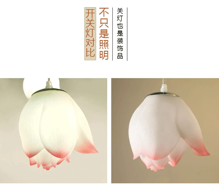 New Chinese Lotus Lamp Pendant Lamp Pink Lotus Glass Lustre Pendant Lights Living Dining Room Tea Room Lotus Lamp Home Decor
