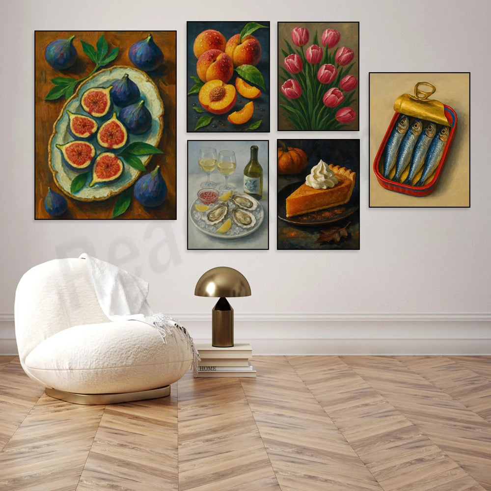 Canned sardines, botanical fruits, sardines, tulips, lemon tree, oyster shell oil, still life print, kitchen decoration poster