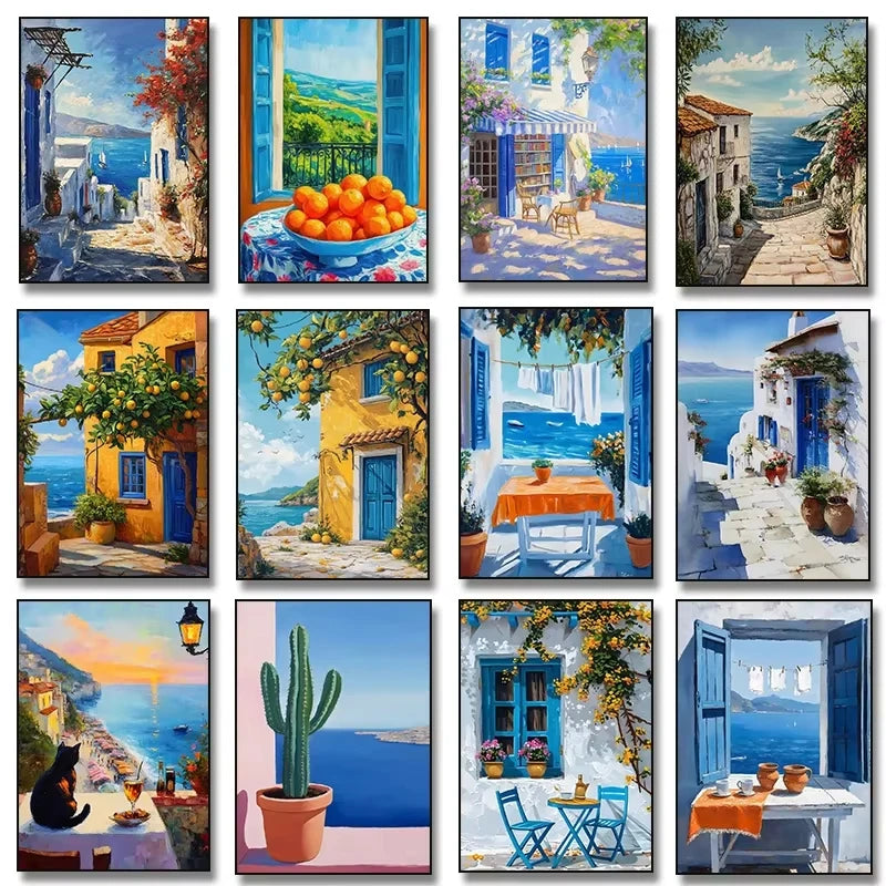 DIY Oil Painting By Numbers Kits Mediterranean Santorini Greece Village Paint with NumbersHome Decor, Wall Art Perfect Gift,