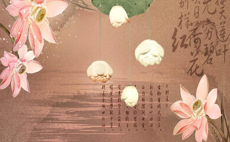 New Chinese Lotus Lamp Pendant Lamp Pink Lotus Glass Lustre Pendant Lights Living Dining Room Tea Room Lotus Lamp Home Decor