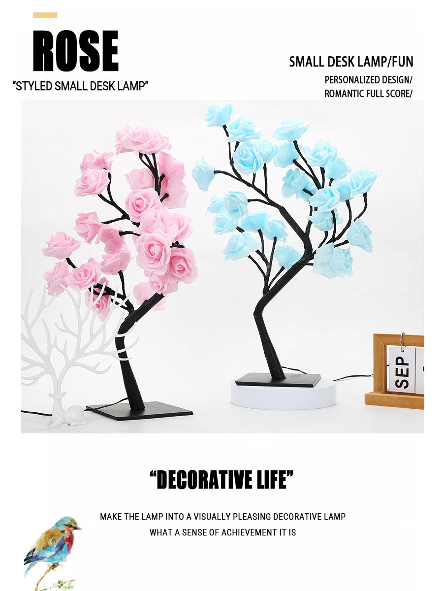 24 LED Rose Tree Lights USB Plug Table Lamp Fairy Flower Night Light For Home Party Christmas Wedding Bedroom Decoration Gift