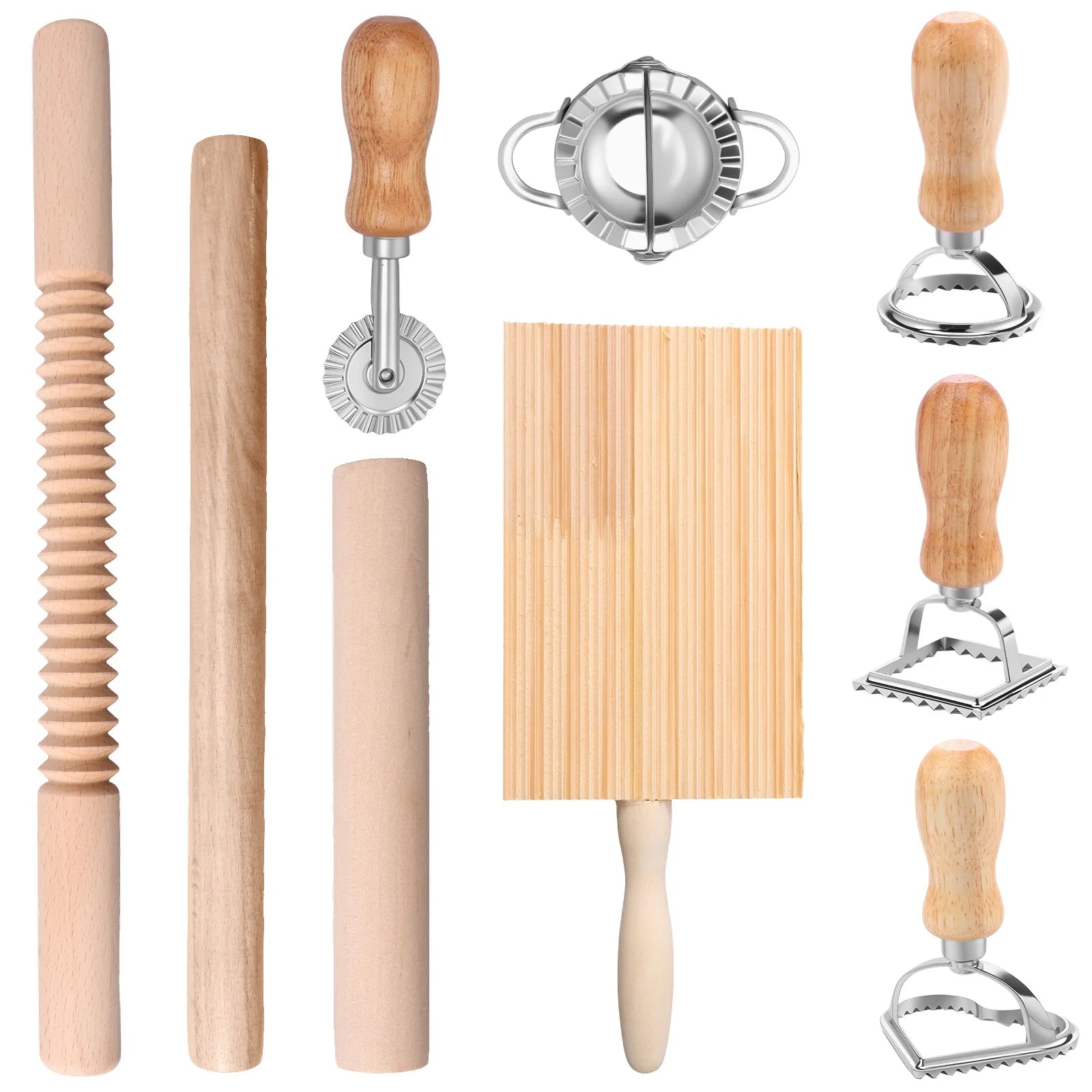 9 Pcs Pasta Making Tools Efficient Pasta Making Kit with Ravioli Stamp Cutters Rolling Pins Gnocchi Boards Dough Cutter Dumpling