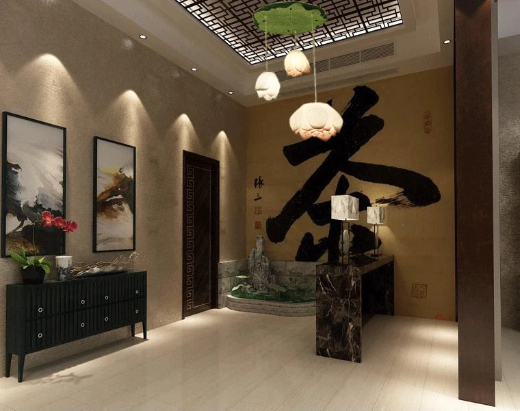 New Chinese Lotus Lamp Pendant Lamp Pink Lotus Glass Lustre Pendant Lights Living Dining Room Tea Room Lotus Lamp Home Decor