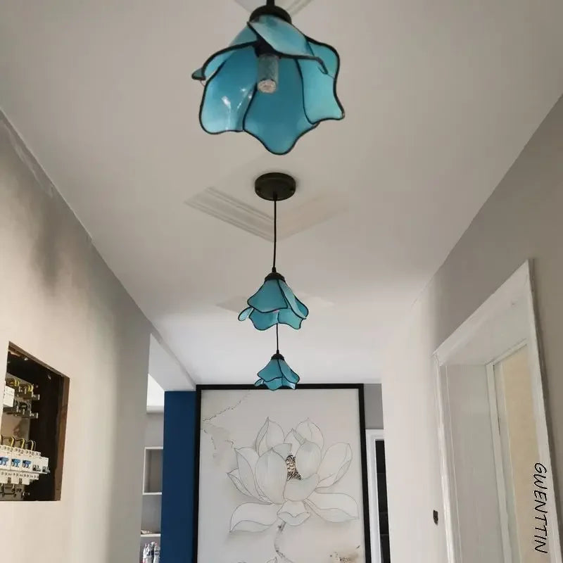 Tiffany Lotus Pendant Lamp Ceiling Light Fixture Vintage Mediterranean Restaurant Hanging Lamps Bedroom Living Room Aisle Decor
