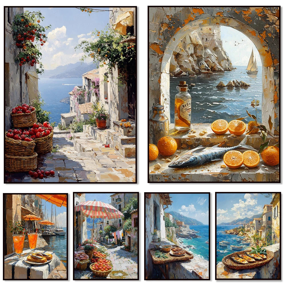 Mediterranean alley painting, seascape, lemons, jug, oranges and fish rural coast scenery, country port, nautical scene poster