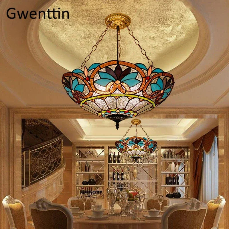 Mediterranean Tiffany Stained Glass Pendant Lights Vintage Hanging Lamp for Dining Room Kitchen Light Fixtures Home Art Decor