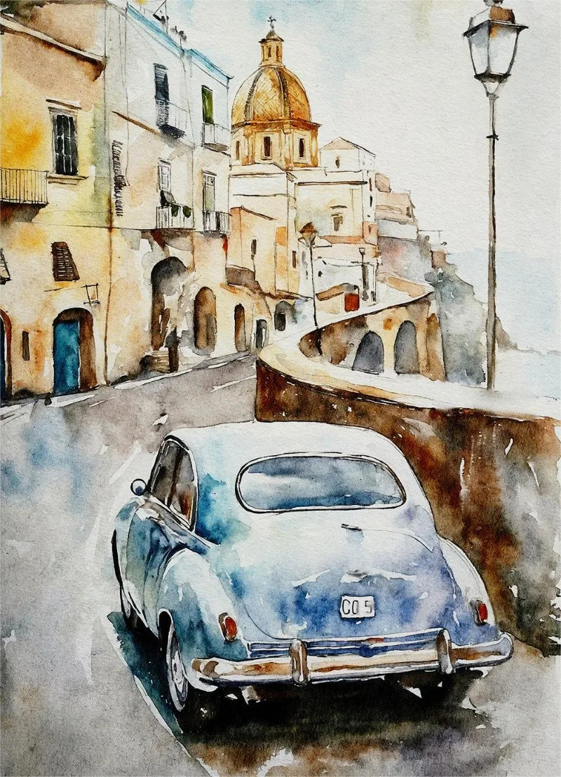 Paris Rome Santorini Coastal City Architecture landscape Watercolor Art Poster Canvas Paintings Wall Art Pictures Home Decor