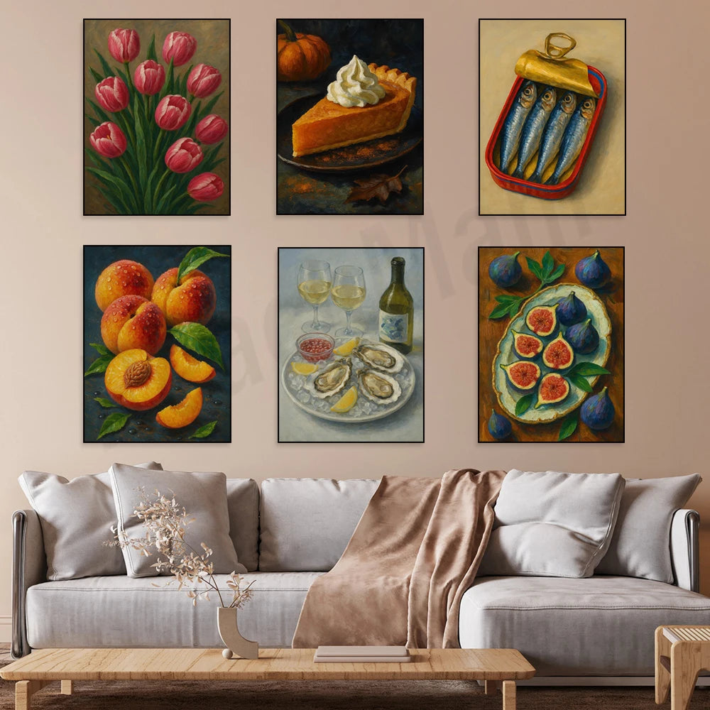 Canned sardines, botanical fruits, sardines, tulips, lemon tree, oyster shell oil, still life print, kitchen decoration poster