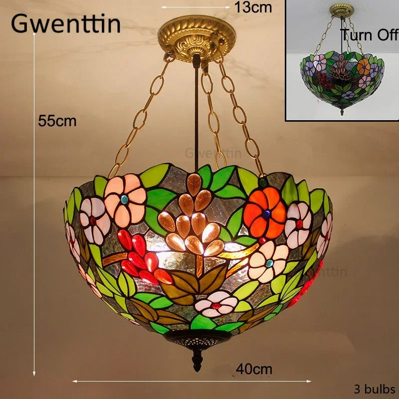 Mediterranean Tiffany Stained Glass Pendant Lights Vintage Hanging Lamp for Dining Room Kitchen Light Fixtures Home Art Decor