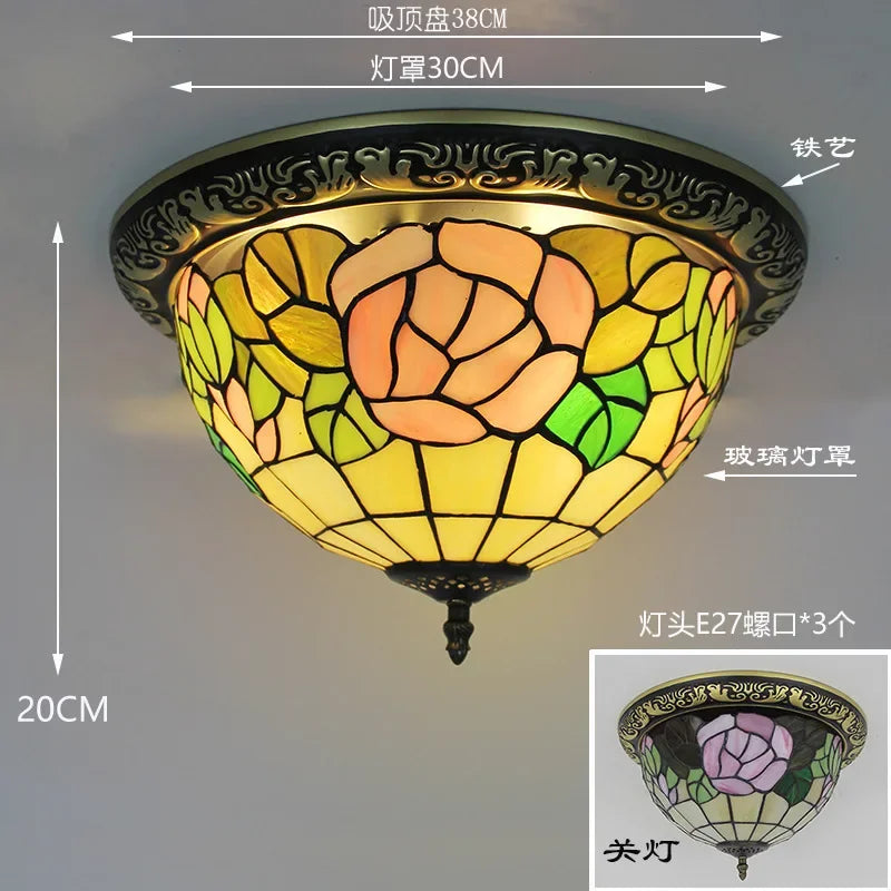 Tiffany Style Colored Glass Ceiling Lamp Retro American Art Deco Stained Glass Artistic for Living Room Dining Room Foyer