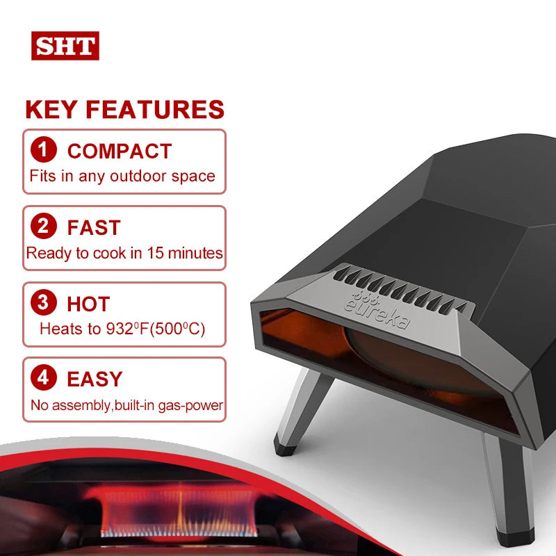 Fast Cooking Achieve 500 Degrees Small Folding Portable 12-Inch Gas Pizza Oven With Rotary Stone