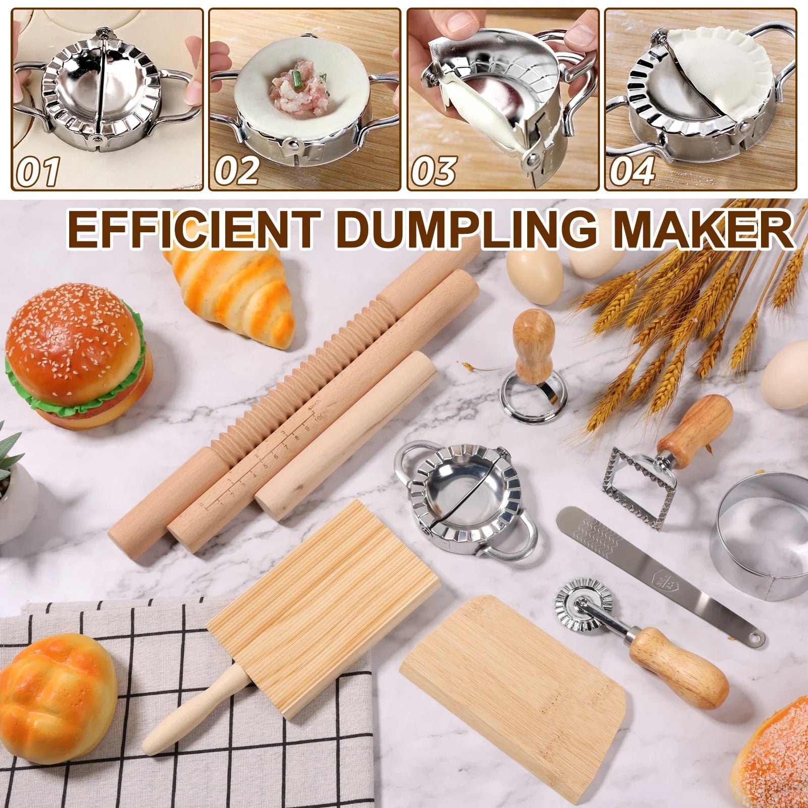 11Pcs Pasta Making Tools Kit Efficient Pasta Making Set w/ Wooden Threaded Rolling Pin Gnocchi Board Dough Cutter Dumpling Maker