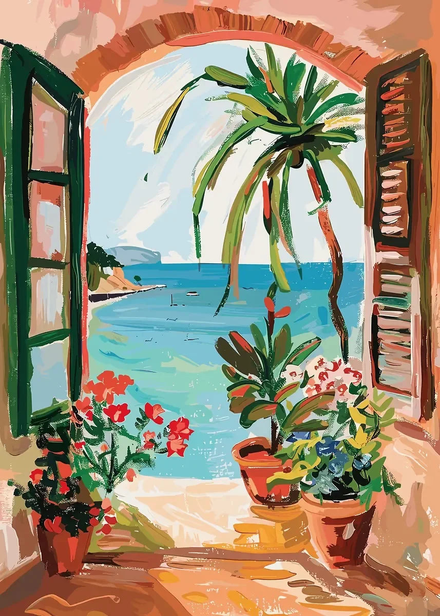 DIY Oil Painting By Numbers Kits Mediterranean Santorini Greece Village Paint with NumbersHome Decor, Wall Art Perfect Gift,