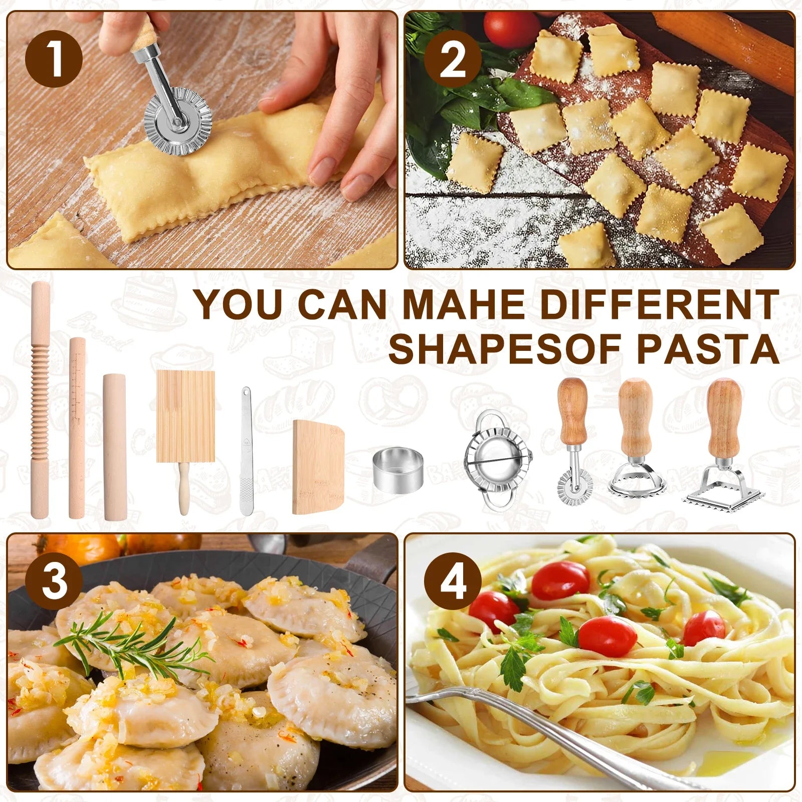 11Pcs Pasta Making Tools Kit Efficient Pasta Making Set w/ Wooden Threaded Rolling Pin Gnocchi Board Dough Cutter Dumpling Maker