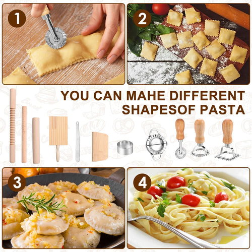 11Pcs Pasta Making Tools Kit Efficient Pasta Making Set w/ Wooden Threaded Rolling Pin Gnocchi Board Dough Cutter Dumpling Maker