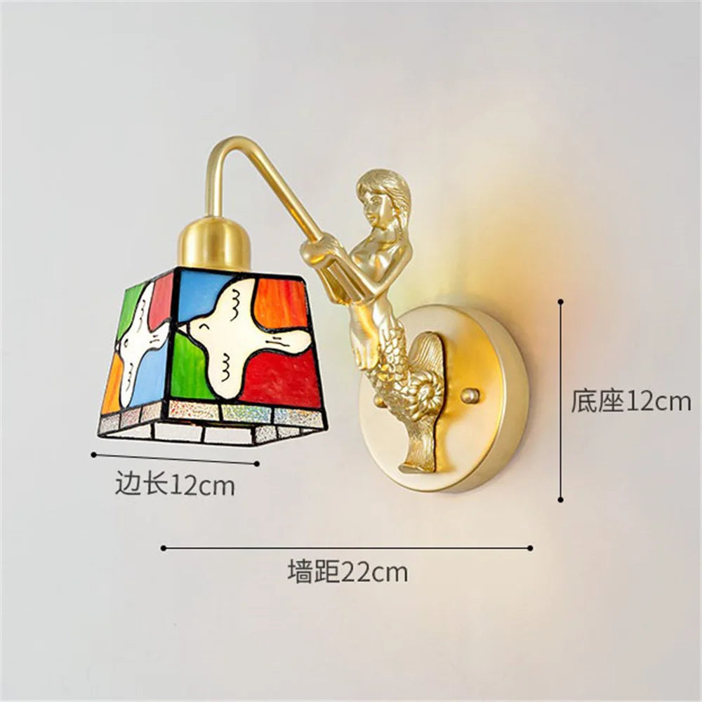 French Tiffany Stained Glass Bird Metal Gold Led Wall Lamp Living Room Bedroom Stairs Aisle Decoration Sconces Home Night Light