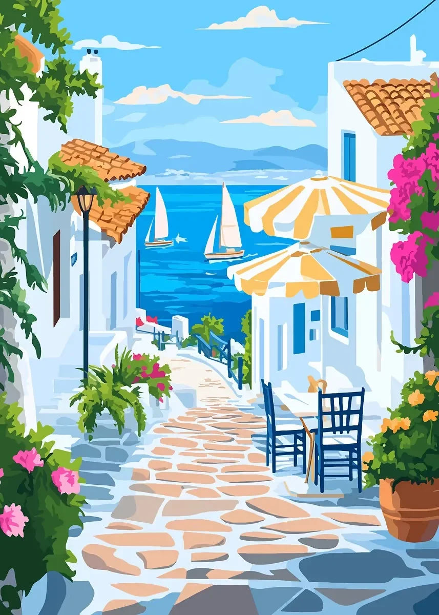 DIY Oil Painting By Numbers Kits Mediterranean Santorini Greece Village Paint with NumbersHome Decor, Wall Art Perfect Gift,